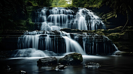 Fototapeta premium Serene Waterfall Cascading Over Rocks in Lush Green Forest