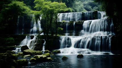 Serene Waterfall Cascading Over Rocks in Lush Green Forest