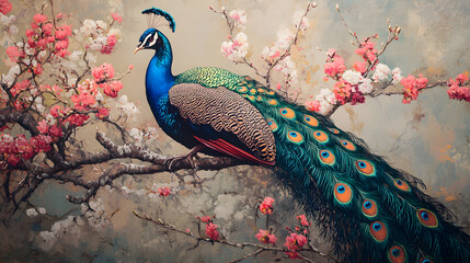 A peacock resting on a branch of a flowering tree, surrounded by blossoms