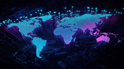 Vibrant digital world map with glowing connections representing global data flow.