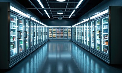 Obraz premium A bright supermarket aisle lined with illuminated freezers filled with food and beverages, showcasing modern retail design, convenience, and the abundance of choices in grocery shopping