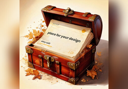 Horizontal Page Inside Treasure Chest Cartoon Style Mockup