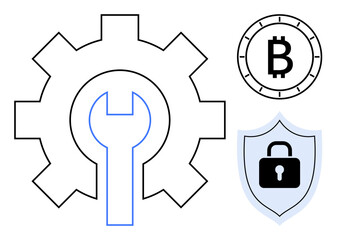 Gear with integrated wrench, Bitcoin symbol, and lock on shield. Ideal for technology services, cryptocurrency, cybersecurity, financial security, blockchain applications, IT support, and network