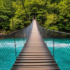 wooden hanging bridge in the forest