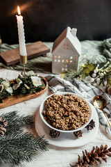 Christmas Kutia Ukrainian Christmas holiday dish, wheat with honey, poppy seeds, raisins, dessert, Scandinavian style, ethnic dishes