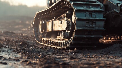Close-up of muddy bulldozer treads. Illustrates heavy machinery and construction.