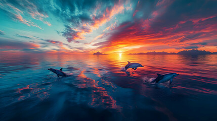 Three Dolphins leaping at Sunset Ocean