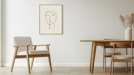 Minimalist dining room with line art portrait.