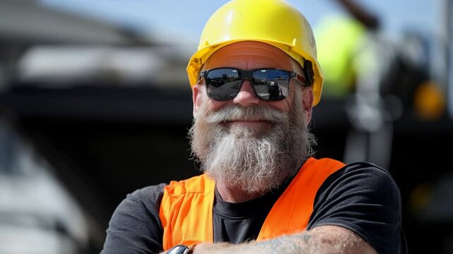 Un ouvrier barbu souriant sur un chantier. A bearded worker smiling on a building site.