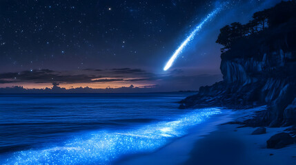 Naklejka premium Comet Over Night Ocean Beach: A Serene Night Sky Landscape