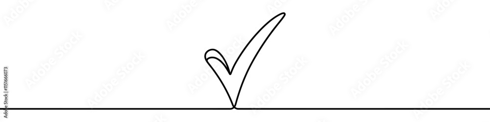 Poster one continuous line illustration of a check mark, isolated on white background. line art of a check 