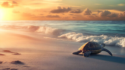 Sea Turtle Crawls on Sunset Beach: A Stunning Coastal Scene