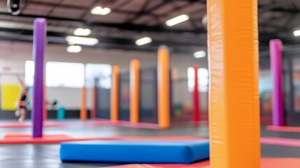 Colorful gym space with padded pillars and mats.