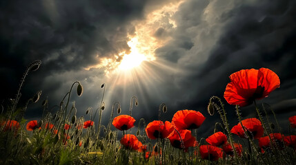 Obraz premium Red Poppies in a Dramatic Sky: Sunbeams through Storm Clouds