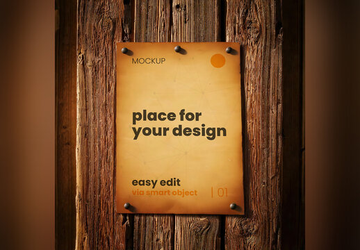 Old Vintage Wanted Poster Nailed to Wood Mockup