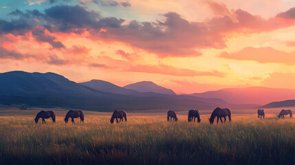 Majestic Wild Horses at Sunset in Mountain Landscape