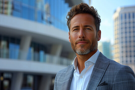 Professional portrait of a confident businessman in a modern cityscape background, exuding leadership, ambition, and success. - Powered by Adobe