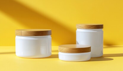 White Ceramic Jars with Wooden Lids on Yellow Background