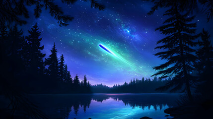 Comet over the tranquil lake at night