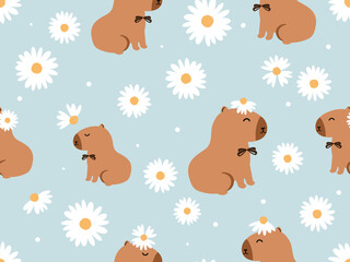 Seamless pattern with capybara cartoons and daisy flower on green mint background vector.