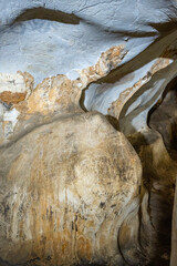 Interior of the large hall of old Karain cave, hidden in Mediterranean region. Confirms human habitation since the early Paleolithic age between 150,000 and 200,000 years ago.Yagca, Antalya, Turkey.