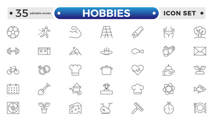 Hobbies icon set. Containing healthy lifestyle, diet, exercise, sleep, relationships, running, routine, self-care, culture and lifestyle icons. Healthcare, health, diet. Editable stroke outline icon.
