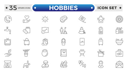 Hobbies icon set. Containing healthy lifestyle, diet, exercise, sleep, relationships, running, routine, self-care, culture and lifestyle icons. Healthcare, health, diet. Editable stroke outline icon.
