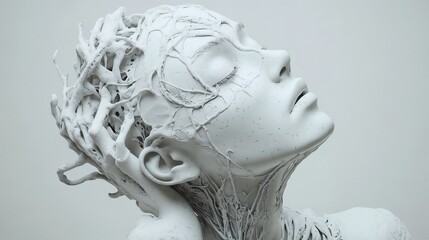 Sculpture depicting a figure with intertwined branches representing nature and emotion