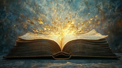 Open book releases bright sparks and golden light in a surreal artistic display