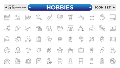 Hobbies icon set. Containing healthy lifestyle, diet, exercise, sleep, relationships, running, routine, self-care, culture and lifestyle icons. Healthcare, health, diet. Editable stroke outline icon.
