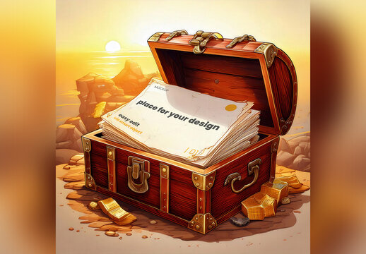 Page Inside Treasure Chest Cartoon Style Mockup