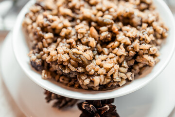 Christmas Kutia Ukrainian Christmas holiday dish, wheat with honey, poppy seeds, raisins, dessert, Scandinavian style, ethnic dishes
