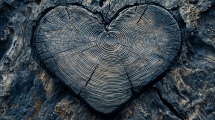 Fototapeta premium Heart-shaped wooden carving on a weathered tree trunk in a serene natural setting