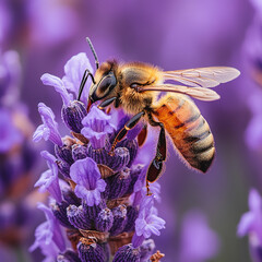 A honeybee collecting nectar from a lavender flower in great detail