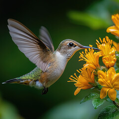 Fototapeta premium A hummingbird captured mid-flight sipping nectar from a flower