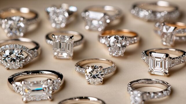 Elegant engagement rings diverse diamonds in high-quality close-up imagery