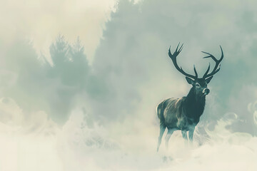 Red deer in the mist with white wallpaper border
