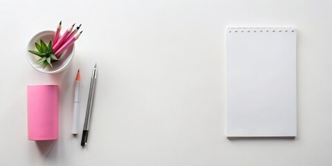 Pink and White Workspace with Blank Notepad for Note Taking and Design