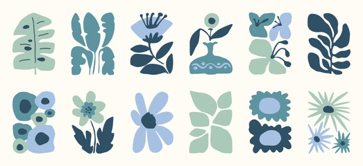 Botanical doodle background art vector set. Flower and leaves abstract shape doodle art design for print, wallpaper, clipart, wall art for home decoration.