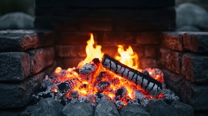 Fototapeta premium Fireplace and heat maintenance, A glowing fire burns in a stone fireplace, surrounded by embers and ash, creating a warm and inviting atmosphere.