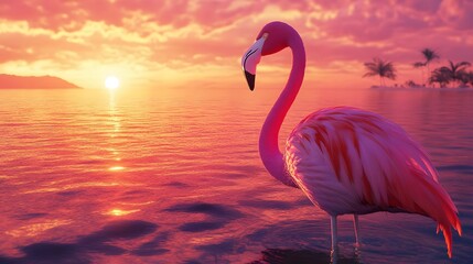 Fototapeta premium a pink flamingo standing in the water at sunset or dawn.
