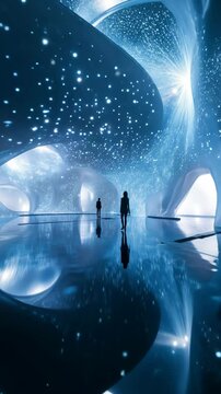 Two Silhouettes Journey Through a Futuristic, Immersive Blue Space with Sparkling Stars and Reflective Surfaces