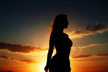 Silhouette of a beautiful young woman on the beach at sunset