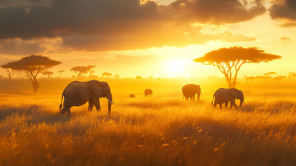 Majestic Elephants at Sunset in the African Savanna