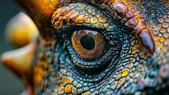 This stunning image showcases a dinosaur eye in remarkable detail. The vibrant colors and textures highlight the artistic representation of a prehistoric creature. Generative AI
