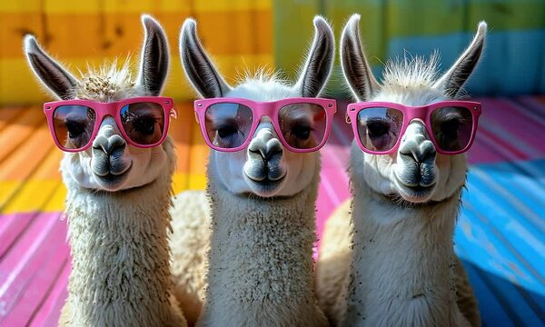 playful llamas wear pink sunglasses standing on a colorful rainbow-striped surface 