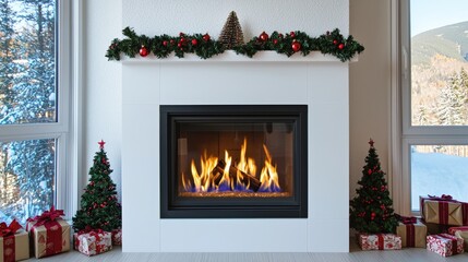 Fireplace and heat maintenance, A cozy fireplace adorned with holiday decorations, surrounded by Christmas trees and presents, creating a warm and festive atmosphere.