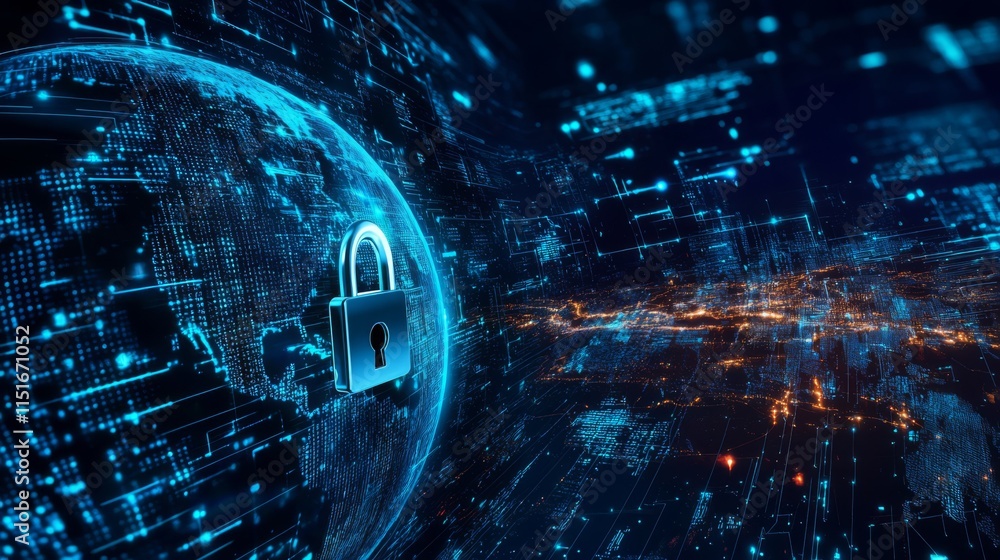 Poster digital globe with padlock symbolizing security