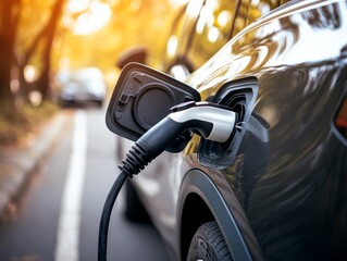 Electric Vehicle Plug Close-Up in Nature Setting