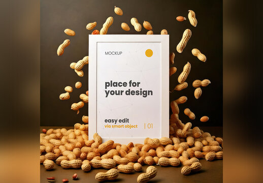 Page Poster Frame Mockup Surrounded with Floating Peanuts